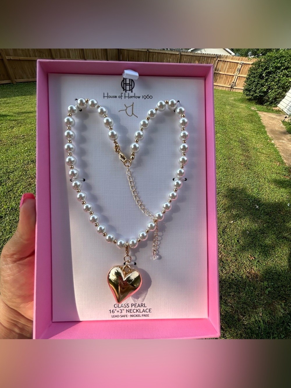 House of Harlow 1960 White Glass Pearl Necklace with Gold Heart Charm